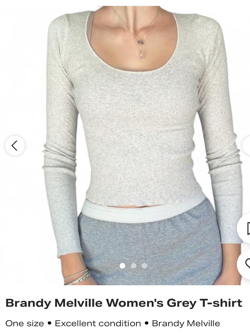 Brandy Melville Light Grey Ribbed Scoop-Neck Long Sleeve Top